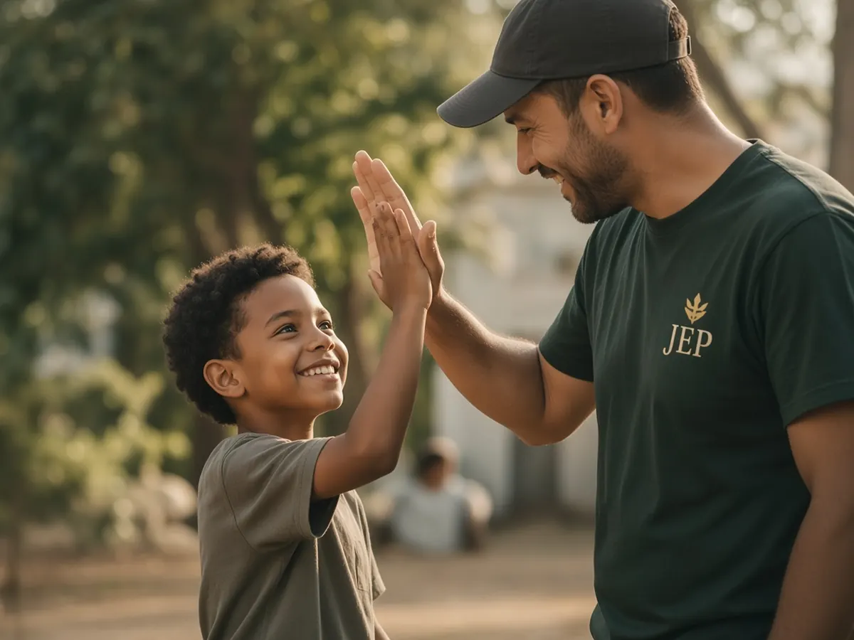 Un voluntario comparte un high-five con un niño en un espacio comunitario al aire libre.